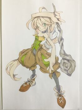 1girl arm_above_head arm_up bare_arms bare_shoulders black_choker black_pantyhose blonde_hair brown_shoes brown_shorts choker commentary full_body green_eyes green_shirt hair_between_eyes highres holding holding_staff long_hair multi-tied_hair one_eye_closed pantyhose pantyhose_under_shorts peter_salt puffy_shorts saga saga_frontier_2 shirt shoes shorts solo staff standing strapless strapless_shirt traditional_media very_long_hair virginia_knights white_background