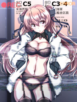 1girl 547th_sy black_bra black_panties black_thighhighs bra breasts brown_eyes cleavage contrapposto detached_collar fake_screenshot garter_belt gluteal_fold hair_ornament hands_in_pockets hands_on_own_hips highres hood hooded_jacket jacket johnston_(kancolle) kantai_collection large_breasts lifebuoy_ornament light_brown_hair long_hair looking_at_viewer panties recording sign solo thighhighs two_side_up underwear vhs_artifacts white_jacket