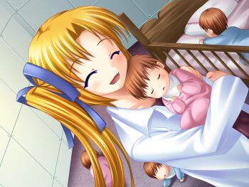 2000s_(style) 2boys 3girls all_fours baby baby_carry bed bed_sheet blonde_hair blue_ribbon blush carrying carrying_baby carrying_person closed_eyes curtained_hair dutch_angle fumizuki_yukari game_asset hair_ribbon hara_hara!! indoors lab_coat long_sleeves multiple_boys multiple_girls non-web_source open_mouth pillow red_shirt ribbon self-datamine shirt smile twintails variant_set visual_novel_cg yamamoto_christine_maiko_(hara_hara!!)