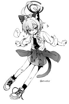Rule 34 | 1girl, ahoge, animal ear fluff, animal ears, bandaid, bandaid on knee, bandaid on leg, blue archive, blush, bow, braid, cat ears, cat tail, clenched hands, clothes around waist, commentary, flat chest, full body, greyscale, grin, hair bow, halo, heart, high tops, highres, kemonomimi mode, looking at viewer, minowa sukyaru, monochrome, neru (blue archive), neru (school uniform) (blue archive), pleated skirt, shirt, shoes, single braid, skirt, sleeves rolled up, smile, sneakers, solo, speech bubble, tail, twitter username, untranslatable commentary, v-shaped eyebrows