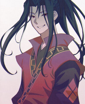 1boy black_hair commentary dark_persona evil_smile floating_hair hair_intakes highres hikari_ku korina_(mrpuripurin) long_hair male_focus octopath_traveler octopath_traveler_ii red_eyes simple_background smile solo standing symbol-only_commentary upper_body white_background