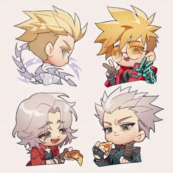 4boys black_coat blonde_hair blue_eyes blue_shirt bodysuit brothers chibi closed_mouth coat commentary crossover dante_(devil_may_cry) devil_may_cry_(series) devil_may_cry_5 english_commentary eyes_visible_through_eyewear fingerless_gloves food frown glasses gloves grey_background grey_hair hair_slicked_back highres holding holding_food holding_pizza looking_back male_focus millions_knives multiple_boys open_mouth partially_fingerless_gloves pepperoni pizza pizza_slice popped_collar prosthesis prosthetic_arm red_coat round_eyewear semi-rimless_eyewear shirt short_hair siblings simple_background smile t0t0mopann three-finger_salute tongue triangle_mouth trigun trigun_stampede twins undercut v vash_the_stampede vergil_(devil_may_cry) watermark white_bodysuit
