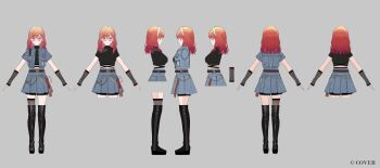 1girl belt black_arm_warmers black_boots black_shirt black_shorts black_thighhighs blue_jacket blue_skirt boots breasts brown_belt colored_inner_hair commentary_request cropped_shirt denim denim_jacket denim_skirt earrings full_body glasses gradient_hair grey_arm_warmers grey_background hairband highres hitomyan hololive hololive_dev_is ichijou_ririka ichijou_ririka_(flashpoint) jacket jewelry lace-trimmed_shorts lace_trim long_hair medium_breasts midriff miniskirt multicolored_hair multiple_views official_art orange_eyes orange_hair pink_hair pleated_skirt reference_sheet shirt short-sleeved_jacket short_shorts short_sleeves shorts shorts_under_skirt sidelocks simple_background single_thighhigh skirt solo swept_bangs thigh_boots thighhighs turnaround turtleneck virtual_youtuber white_hairband