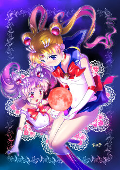 2girls :d absurdres back_bow bishoujo_senshi_sailor_moon blonde_hair blue_eyes blue_sailor_collar blue_skirt bow breasts brooch chibi_usa choker circlet closed_mouth collarbone cone_hair_bun cosmic_heart_compact covered_navel crescent crescent_earrings double_bun earrings elbow_gloves floating_hair full_moon gloves hair_bun heart heart_brooch heart_choker highres himehachi_(hime8manga) jewelry long_hair magical_girl medium_breasts miniskirt moon multiple_girls open_mouth pink_choker pink_hair pink_sailor_collar pink_skirt pleated_skirt red_bow red_choker red_eyes red_moon sailor_chibi_moon sailor_collar sailor_moon sailor_senshi_uniform shirt skirt sleeveless sleeveless_shirt smile split_mouth star_(symbol) star_earrings tsukino_usagi twintails white_gloves white_shirt
