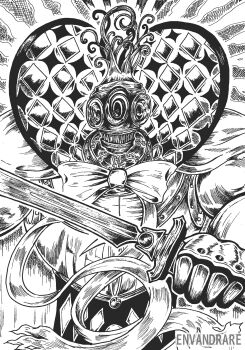 1girl absurdres artist_name bow bowtie commentary english_commentary extra_eyes gauntlets gloves greyscale highres holding holding_sword holding_weapon mahou_shoujo_madoka_magica mahou_shoujo_madoka_magica_(anime) mermaid monochrome monster_girl oktavia_von_seckendorff solo sword vandraren weapon witch_(madoka_magica)