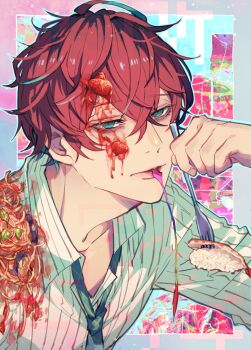1boy abstract_background aqua_eyes aqua_necktie aqua_streaks bags_under_eyes biting crossed_bangs empty_eyes expressionless fish_(food) food food_on_clothes food_on_face fork fruit grid_print half-closed_eyes holding holding_fork hypnosis_mic kannonzaka_doppo looking_ahead male_focus necktie nigirizushi pasta portrait red_hair shirt solo spaghetti stain strawberry striped_clothes striped_shirt sushi wata_i white_shirt