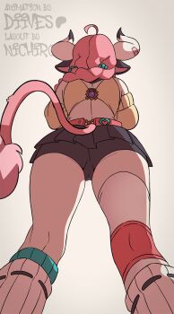 1girl ahoge animal_ears animated animated_gif aqua_hair artist_name ass back bandaid bandaid_on_cheek bandaid_on_face bandaid_on_horn belt bike_shorts bike_shorts_under_skirt black_shorts black_skirt braid cameltoe closed_eyes commentary cow_ears cow_girl cow_horns cow_tail detached_sleeves diives electricity english_commentary from_below genshin_impact green_socks hair_ornament highres hip_attack horns kneepits leg_warmers legs long_hair long_sleeves looking_at_viewer looking_back looking_down median_furrow multicolored_hair nichiroart open_mouth pink_belt pink_hair pink_tail purple_eyes ribbed_socks shorts shorts_under_skirt simple_background single_thighhigh skirt socks solo star_(symbol) streaked_hair tail thighhighs thighs twin_braids twintails two-tone_hair varesa_(genshin_impact) vision_(genshin_impact) white_background white_leg_warmers white_thighhighs yellow_sleeves