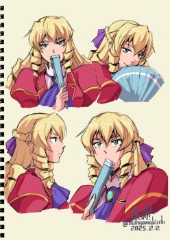 Rule 34 | 1girl, akuyaku reijou tensei ojisan, artist name, ascot, blonde hair, blue ascot, braid, dated, drill hair, drill sidelocks, folding fan, grace auvergne, green eyes, hand fan, highres, mimiyama kiichi, multiple views, puffy sleeves, red shirt, shirt, sidelocks, sketch, smile