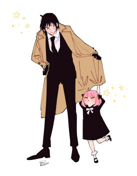 Rule 34 | 1boy, 1girl, ahoge, anya (spy x family), arms up, awarinko, black dress, black gloves, black hair, black jacket, black necktie, black pants, black shoes, bobby socks, brown coat, closed eyes, closed mouth, coat, collared shirt, dress, gloves, highres, jacket, long sleeves, necktie, open clothes, open coat, pants, pink hair, red eyes, shirt, shoes, short sleeves, signature, simple background, small sweatdrop, socks, spy x family, standing, standing on one leg, star (symbol), sweat, twitter username, uncle and niece, white background, white shirt, white socks, yuri briar
