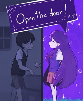 1boy 1girl ^_^ antenna_hair arms_behind_back black_eyes black_hair black_sweater_vest blush brown_shorts closed_eyes closed_mouth collared_shirt colored_skin door english_text from_side highres mari_(headspace)_(omori) mari_(omori) mewowem_omo neckerchief omori parted_lips pleated_skirt purple_hair purple_sky purple_sweater_vest red_neckerchief red_skirt shirt short_hair short_sleeves shorts skirt sky smile speech_bubble sunny_(omori) sweat sweater_vest white_shirt white_skin window