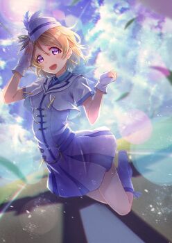 Rule 34 | 1girl, birthday, blue sky, blush stickers, boots, brown hair, cloud, cloudy sky, commentary, earrings, feathers, fingerless gloves, full body, gloves, hat, highres, jewelry, jumping, koizumi hanayo, looking at viewer, love live!, love live! school idol project, macken666, purple eyes, salute, short sleeves, sky, solo, white feathers, white gloves, wonderful rush