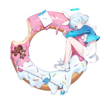 1girl absurdres arona_(blue_archive) bite_mark blue_archive blue_eyes blue_hair blue_halo blue_shirt bow bowtie colored_inner_hair commentary_request donut envelope food gingerbread hair_over_one_eye hairband halo highres holding holding_donut holding_food hongchajun hugging_object long_sleeves looking_at_viewer mini_person minigirl miniskirt multicolored_hair pink_hair pleated_skirt sailor_collar school_uniform shirt shoes short_hair simple_background skirt smile sneakers solo umbrella_gun white_background white_bow white_bowtie white_hairband white_sailor_collar white_shoes white_skirt