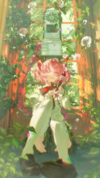 1girl absurdres bubble commentary eiki- hair_ribbon highres holding holding_phone kaname_madoka loafers mahou_shoujo_madoka_magica miniskirt neck_ribbon overgrown payphone phone phone_booth pink_hair plaid_clothes plaid_skirt plant red_ribbon ribbon shirt shoes skirt solo symbol-only_commentary thighhighs twintails white_shirt white_thighhighs