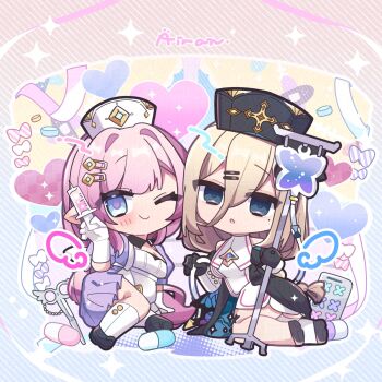 Rule 34 | 2girls, :o, aponia, artist name, black footwear, black gloves, black hat, blonde hair, blue eyes, blush stickers, chibi, chibi only, comiket 105, commentary request, dress, elf, elysia (honkai impact), gloves, hair between eyes, hat, highres, holding, holding syringe, honkai (series), honkai impact 3rd, iran stn, long hair, lying, mole, mole under eye, multicolored background, multiple girls, nurse, nurse cap, official alternate costume, pill, pink hair, pointy ears, scissors, single blush sticker, smile, syringe, white dress, white gloves, white hat