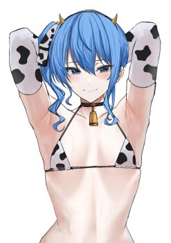 1girl absurdres animal_print armpits arms_behind_head arms_up bell bikini black_collar blue_eyes blue_hair blue_ribbon collar commentary cow_print cow_print_bikini cow_print_gloves cowbell double-parted_bangs elbow_gloves fake_horns flat_chest gloves hair_between_eyes hair_ribbon hairband highres hololive horn_hairband horns hoshimachi_suisei looking_at_viewer medium_hair neck_bell print_bikini print_gloves ribbon si_farid side_ponytail sidelocks simple_background solo star_(symbol) star_in_eye swimsuit symbol_in_eye untranslatable_commentary upper_body virtual_youtuber white_background