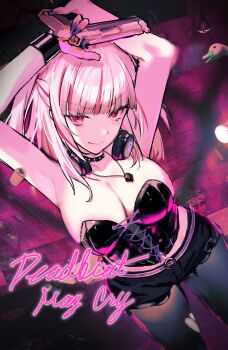 1girl absurdres armpits arms_up bare_shoulders black_pantyhose black_shorts breasts cleavage cosplay cowboy_shot devil_may_cry_(series) gun headphones headphones_around_neck highres holding holding_gun holding_weapon hololive hololive_english large_breasts medium_hair mori_calliope pantyhose phazer_(phaazerofficial) pink_eyes pink_hair short_shorts shorts solo torn_clothes torn_pantyhose trish_(devil_may_cry) trish_(devil_may_cry)_(cosplay) virtual_youtuber weapon