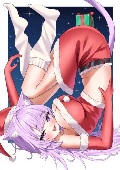 1girl :3 :d absurdres alternate_costume breasts cleavage commentary_request elbow_gloves fur-trimmed_gloves fur-trimmed_headwear fur-trimmed_skirt fur-trimmed_tube_top fur_trim gloves hat highres hololive kumoru_(kumoru_145) large_breasts long_hair looking_at_viewer nekomata_okayu official_alternate_hair_length official_alternate_hairstyle open_mouth purple_eyes purple_hair red_gloves red_skirt red_tube_top santa_costume santa_hat skirt smile socks solo strapless tube_top very_long_hair virtual_youtuber white_background white_socks