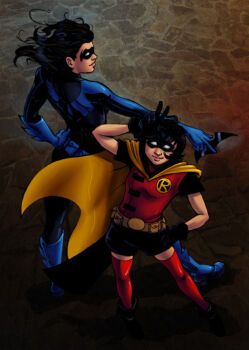 2girls batman_(series) bodysuit cape dc_comics dick_grayson domino_mask eye_mask family genderswap genderswap_(mtf) mask multiple_girls nightwing robin_(dc) siblings thighhighs tim_drake