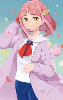1girl arched_bangs blue_background blue_pants blush cardigan collared_shirt commentary_request cowboy_shot falling_petals floating_hair gloves gradient_background hair_ornament hand_in_own_hair highres kiri._(neko_zarashi03) lacey_(pokemon) long_sleeves looking_at_viewer neckerchief nintendo open_cardigan open_clothes pants petals pink_hair pokemon pokemon_sv purple_cardigan red_gloves red_neckerchief shirt single_glove smile standing white_shirt yellow_eyes