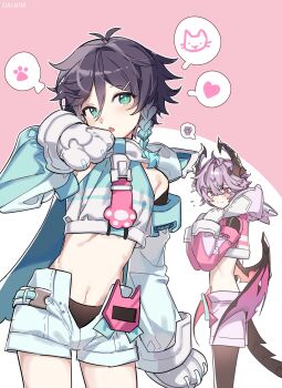 2boys animal_hands black_hair black_pantyhose blue_hair blush braid crop_top daln1m demon_boy demon_wings detached_sleeves dragon_horns genshin_impact gloves gradient_hair green_eyes heart highres hood horns long_sleeves looking_at_viewer male_focus midriff mini_durin_(genshin_impact) mini_durin_(human)_(genshin_impact) multicolored_hair multiple_boys navel open_mouth pantyhose paw_gloves paw_print pink_background purple_hair red_eyes short_hair short_shorts shorts speech_bubble spoken_heart spoken_squiggle squiggle tail trap twin_braids venti_(genshin_impact) white_gloves white_shorts wings