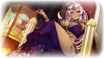 1girl :p belly_dancer_outfit breasts cleavage crossed_legs dark_skin duel_princess headband hilde_(duel_princess) jewelry large_breasts looking_at_viewer non-web_source pink_hair purple_eyes tongue tongue_out vignetting