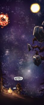 1boy 1girl absurdres ahoge brown_hair campfire from_behind full_body highres long_hair miniskirt neuro-sama night night_sky nythlinvt outdoors outer_wilds robot skirt sky speech_bubble star_(sky) starry_sky turtle two_side_up vedal987 vedal_ai vignetting wide_shot