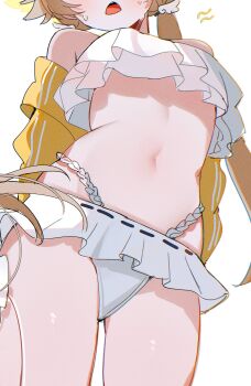 1girl absurdres bikini blue_archive blush eyes_out_of_frame frilled_bikini frills from_below halo head_out_of_frame hifumi_(blue_archive) hifumi_(swimsuit)_(blue_archive) highres jacket long_hair low_twintails navel off-shoulder_bikini off_shoulder official_alternate_costume open_mouth ribbon-trimmed_bikini ribbon-trimmed_swimsuit ribbon_trim ruffle_bikini shusuchii side-tie_bikini_bottom simple_background solo stomach swimsuit thighs track_jacket twintails white_background white_bikini winged_hair_ornament winged_halo yellow_halo yellow_jacket
