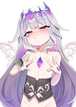 1girl armlet blush bottomless bracelet chest_jewel covered_erect_nipples crown flat_chest gem grey_hair groin half-closed_eyes highres hololive hololive_english jewelry koseki_bijou loli long_hair looking_at_viewer monomogi purple_eyes purple_gem simple_background smile solo standing upper_body virtual_youtuber white_background wings