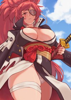 1girl amputee baiken black_jacket black_kimono blue_sky breasts breasts_apart cloud cloudy_sky commentary curvy day english_commentary eyepatch from_below guilty_gear high_ponytail highres holding holding_sword holding_weapon jacket japanese_clothes kimono large_breasts long_hair looking_at_viewer mandytsune obi open_clothes open_jacket outdoors panties parted_lips pelvic_curtain plunging_neckline ponytail red_eyes red_hair sash sheath sheathed skull_print sky solo sword tassel thick_thighs thighs twitter_username underwear very_long_hair weapon white_panties wide_ponytail