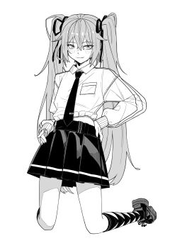 1girl absurdres blush closed_mouth collared_shirt commentary greyscale hair_between_eyes hand_on_own_hip hatsune_miku highres kneehighs kneeling kynation long_hair looking_at_viewer monochrome necktie pleated_skirt shirt shoes skirt smile socks solo twintails very_long_hair vocaloid