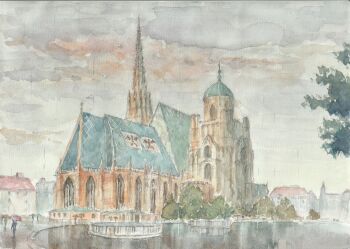 Rule 34 | architecture, austria, church, commentary request, day, dome, gothic architecture, original, outdoors, overcast, painting (medium), paruperu, people, rain, real world location, scenery, sky, spire, tower, traditional media, vienna, watercolor (medium)