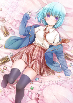 1girl bed_sheet black_thighhighs blue_hair blue_jacket blush breasts candy chocolate chocolate_bar closed_mouth collared_shirt commentary_request food foot_out_of_frame frilled_pillow frills head_on_pillow highres jacket long_sleeves looking_at_viewer lying medium_breasts momomochi necktie no_shoes on_back open_clothes open_jacket original pillow plaid_clothes plaid_necktie plaid_skirt pleated_skirt purple_eyes red_necktie red_skirt school_uniform shirt shirt_tucked_in short_hair skirt sleeves_past_wrists solo thighhighs top_of_moe_2013 white_shirt