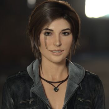 1girl 3d brown_eyes brown_hair jacket lara_croft leather leather_jacket neck realistic smile teeth tomb_raider tomb_raider_(reboot)