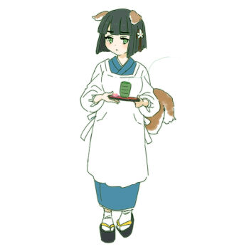 Rule 34 | 1girl, alternate costume, animal ears, apron, black hair, black sandals, blue kimono, blunt bangs, blunt ends, closed mouth, commentary request, cup, dog ears, dog girl, dog tail, expressionless, flower, flower knot, food, full body, green eyes, hair flower, hair ornament, holding, holding tray, japanese clothes, kappougi, kemonomimi mode, kimono, light blush, link! like! love live!, long sleeves, looking at viewer, love live!, momose ginko, momose ginko (summer casual), okobo, osechi, platform sandals, puffy long sleeves, puffy sleeves, revision, sandals, shinanoya (satanicad), short hair, simple background, socks, solo, standing, tachi-e, tail, tray, virtual youtuber, wagashi, white background, white flower, white socks, yunomi