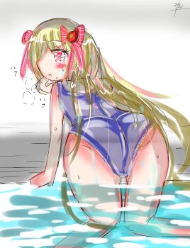 1girl absurdres ass blonde_hair chaos_marie_(grimms_notes) grimms_notes highres huge_ass miyafactory733 old_school_swimsuit school_swimsuit solo swimsuit wet