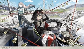 2girls absurdres animal_ears bag bell black_hair black_necktie black_shirt blue_sky computer gawako grey_eyes grey_hair highres laptop leopard_ears leopard_tail long_hair looking_at_viewer looking_to_the_side multiple_girls necktie one_eye_covered open_mouth original paper red_rope red_thighhighs rope shirt short_hair sitting sky suitcase tail thighhighs white_shirt yellow_eyes