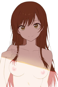 1girl breasts closed_mouth collarbone highres idolmaster idolmaster_shiny_colors long_hair looking_at_viewer medium_breasts ni_ni_take nipples nude osaki_amana red_hair simple_background smile solo swept_bangs upper_body white_background yellow_eyes
