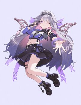 1girl ;d asymmetrical_sleeves black_skirt boots breasts center-flap_bangs collared_shirt colored_inner_hair commentary cropped_shirt detached_sleeves detached_wings double-parted_bangs english_commentary full_body gem gradient_hair grey_hair grin hair_flaps highres holding holding_microphone hololive hololive_english hololive_idol_uniform_(color_rise) idol_clothes jewel_under_eye koseki_bijou long_hair looking_at_viewer metal_wings microphone midriff miniskirt mismatched_sleeves multicolored_hair multicolored_shirt navel official_alternate_costume one_eye_closed open_mouth pink_hair platform_boots platform_heels puffy_detached_sleeves puffy_short_sleeves puffy_sleeves purple_eyes purple_gem purple_hair shirt short_sleeves simple_background single_detached_sleeve single_sleeve sk_jynx skirt small_breasts smile solo thigh_strap very_long_hair virtual_youtuber wings