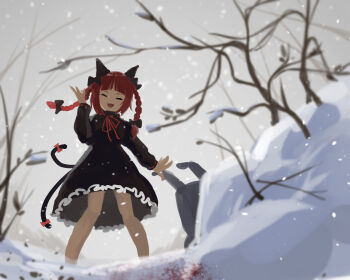 1girl :d ^_^ animal_ears black_bow black_dress black_ears blood blunt_bangs bow braid cat_ears cat_girl cat_tail closed_eyes dress dress_ribbon fang frilled_dress frills furahata_gen hair_bow highres kaenbyou_rin looking_at_another medium_hair multiple_tails open_mouth red_hair red_ribbon ribbon side_braids smile snow snowing solo tail tail_bow tail_ornament touhou tree two_tails wagon when_you_see_it winter