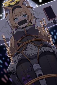 1girl absurdres animal_ear_fluff animal_ears arms_up bdsm blonde_hair blue_archive blue_eyes blush bondage bound bound_arms bound_breasts bound_legs bound_wrists breasts female_focus forced_orgasm gag gagged halo highres hitachi_magic_wand improvised_gag long_hair looking_at_viewer mari_(blue_archive) mari_(idol)_(blue_archive) mimoun nipple_stimulation panties restrained shibari shibari_over_clothes small_breasts solo stage stationary_restraints tape tape_gag tied_up_(nonsexual) translation_request underwear variant_set vibrator vibrator_on_nipple vibrator_under_clothes yellow_halo