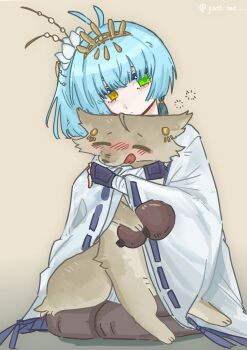 1girl =_= animal animal_hug animal_on_lap animalization antenna_hair assault_lily black_gloves black_pantyhose blue_hair blush brown_background closed_eyes closed_mouth commentary drunk flower fox full_body gatti_love gloves gourd gradient_background green_eyes hair_flower hair_ornament hands_up heterochromia highres holding holding_gourd japanese_clothes kannagi_(assault_lily) kimono licking_self long_sleeves looking_at_viewer nose_blush on_lap pantyhose ribbon-trimmed_sleeves ribbon_trim seiza shirayuki_(assault_lily) short_hair side_ponytail sitting squeans symbol-only_commentary tiara tongue tongue_out twitter_username white_flower white_kimono wide_sleeves yellow_eyes