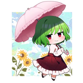 1girl absurdres blush chibi closed_mouth commentary flower full_body green_hair highres holding holding_umbrella kazami_yuuka light_smile long_sleeves looking_at_viewer medium_hair no_nose parasol puffy_sleeves red_eyes red_skirt red_vest shoes skirt socks solo sunflower touhou umbrella vest white_socks you_(noanoamoemoe)