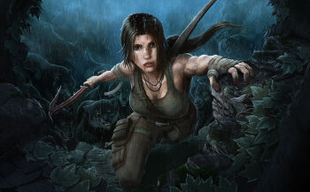 1girl blood blue_eyes bow_(weapon) brown_hair earth_(planet) female_focus gradient_background lara_croft long_hair planet rain solo standing tank_top tomb_raider tomb_raider_(reboot) weapon wolf