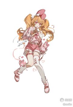 1girl asymmetrical_legwear bow bowtie closed_mouth dated double-parted_bangs full_body hand_up kneehighs long_hair long_sleeves mihuashi_username orange_hair original pink_bow pink_bowtie pink_shirt pink_shoes pink_shorts red_eyes shirt shoes shorts signature simple_background single_kneehigh single_sock single_thighhigh socks solo standing standing_on_one_leg thigh_strap thighhighs twintails uneven_legwear white_background white_socks white_thighhighs zeriko