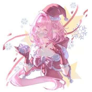 1girl ;) absurdres alternate_costume bare_shoulders blue_eyes box breasts cropped_torso dress elf elysia_(honkai_impact) fake_facial_hair fake_mustache gift gift_box gloves hat highres holding holding_gift honkai_(series) honkai_impact_3rd large_breasts long_hair looking_at_viewer one_eye_closed osman pink_hair pointy_ears red_dress red_gloves red_hat santa_costume santa_dress santa_hat simple_background smile snowflake_background solo very_long_hair