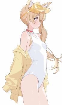 1girl animal_ears blonde_hair blue_archive breasts bright_pupils covered_navel cowboy_shot fox_ears fox_girl from_side halterneck inami_(x_spidekawaii_x) jacket jacket_partially_removed long_hair official_alternate_costume one-piece_swimsuit red_eyes seia_(blue_archive) seia_(swimsuit)_(blue_archive) small_breasts solo swimsuit visor_cap white_background