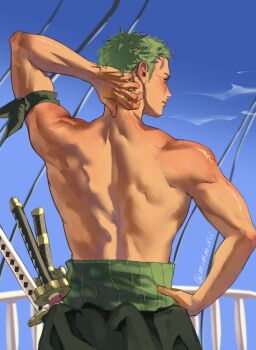 Rule 34 | 1boy, arm up, back, bandana, bandana around arm, black pants, closed mouth, cowboy shot, green hair, hand on own hip, hand on own neck, haramaki, highres, katana, looking to the side, medium sideburns, mimmirii, one piece, outdoors, pants, railing, roronoa zoro, short hair, sideburns, standing, sword, twitter username, weapon