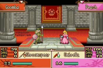 1girl animated animated_gif blonde_hair concealed_weapon critical_hit crossover crown dodging dress duel english_text fire_emblem goomba heads-up_display mario_(series) nintendo pink_dress pixel_art polearm princess_peach spear sprite super_mushroom super_star_(mario) tumblr_username user_interface vilkalizer weapon
