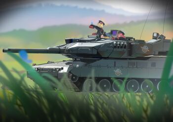 2girls andersonalac black_coat black_hat blonde_hair blue_archive blue_butterfly blurry book boots bug butterfly caterpillar_tracks coat day depth_of_field from_side grass halo hat highres holding holding_book ibuki_(blue_archive) insect iroha_(blue_archive) leopard_2 military_vehicle motor_vehicle mountainous_horizon multiple_girls on_tank outdoors pandemonium_society_logo peaked_cap purple_halo reading red_hair side_ponytail sleeves_past_fingers sleeves_past_wrists tank tank_turret vehicle_focus vignetting yellow_boots yellow_halo