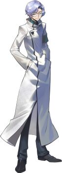1boy blue_eyes blue_hair blue_shirt coat code_geass code_geass:_genesic_re;code full_body glasses hair_intakes half-closed_eyes hand_on_own_hip happy high_collar highres lab_coat leaning_forward lloyd_irving long_sleeves looking_at_viewer male_focus official_art open_mouth pocket rimless_eyewear shirt short_hair simple_background smile solo standing transparent_background upper_body white_coat